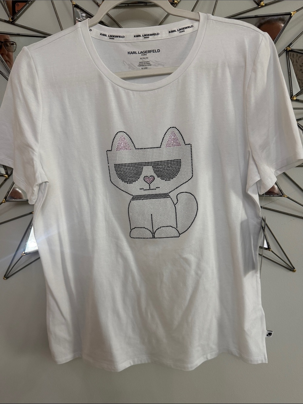 Karl Lagerfeld White Tee with Studded Cat Graphic and Pink Accents